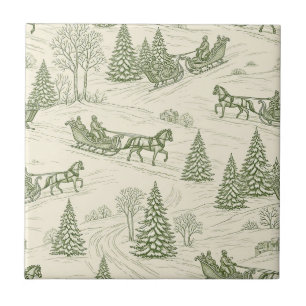 Azulejo De Cerâmica Padrão de Passeio de Trenó de Natal em Toile Verde
