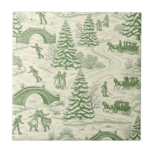 Azulejo De Cerâmica Padrão de Passeio de Trenó de Natal em Toile Verde