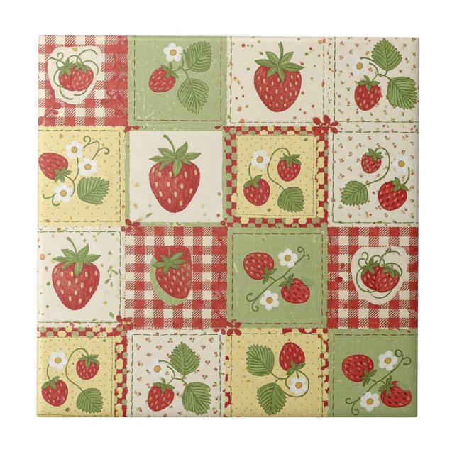 Azulejo De Cerâmica Padrão de Patchwork de Morango Vintage Cottagecore (Frente)