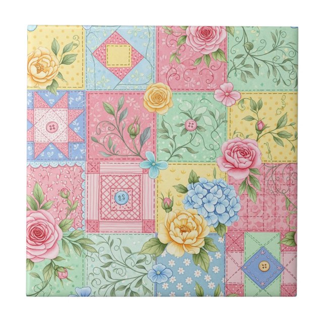 Azulejo De Cerâmica Padrão de Patchwork de Rosa Romântica (Frente)