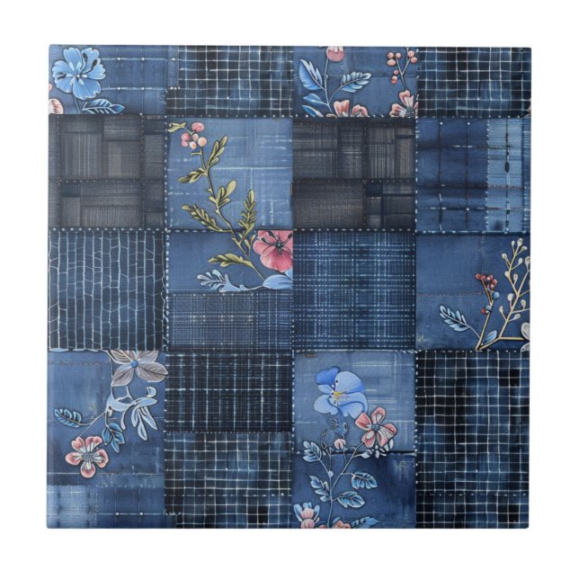 Azulejo De Cerâmica Padrão de Patchwork do Indigo Floral | Boho Denim (Frente)