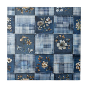 Azulejo De Cerâmica Padrão de Patchwork Floral   Denim Boho