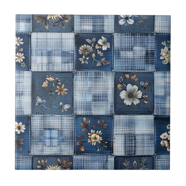 Azulejo De Cerâmica Padrão de Patchwork Floral | Denim Boho (Frente)