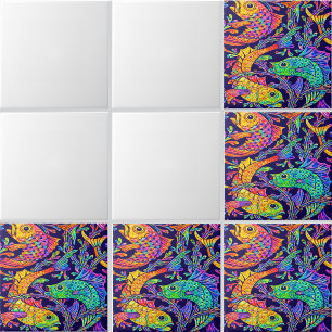 Azulejo De Cerâmica Padrão de Peixe e Algas Art Nouveau Retro