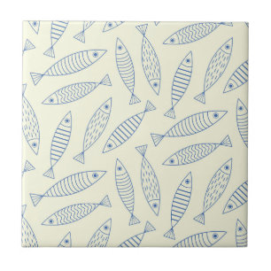 Azulejo De Cerâmica Padrão de Peixe Sardinha Azul Doodle Esboçado 