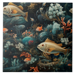 Azulejo De Cerâmica Padrão de Peixes, Mar Azul Escuro, Sonhador