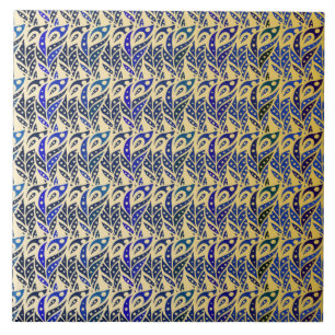 Azulejo De Cerâmica Padrão de penas de pavão azul e dourado