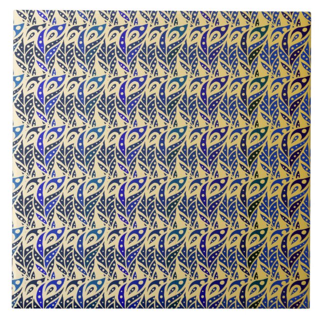 Azulejo De Cerâmica Padrão de penas de pavão azul e dourado (Frente)