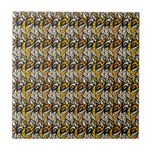 Azulejo De Cerâmica Padrão de penas de pavão preto e dourado