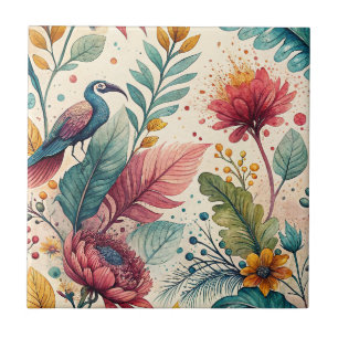 Azulejo De Cerâmica Padrão de pintura em aquarela de pássaro tropical