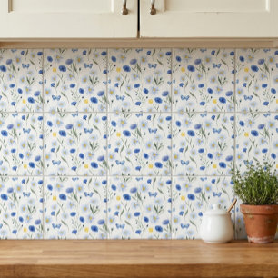 Azulejo De Cerâmica Padrão de Prado de Flores Silvestres Aquarela Azul