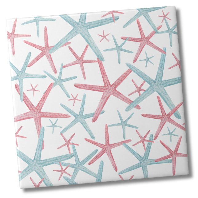 Azulejo De Cerâmica Padrão de Praia Costeira Náutica (Teal Pink Nautical Starfish Shell Beach Pattern Ceramic Tile)