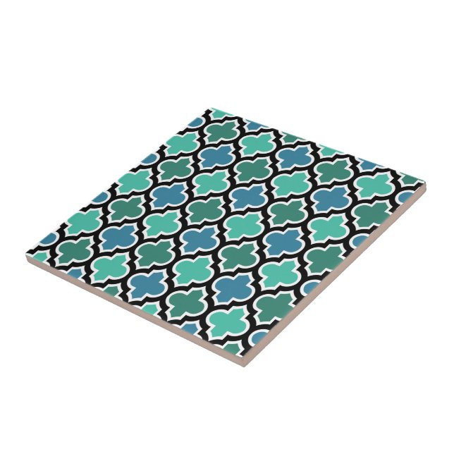 Azulejo De Cerâmica Padrão de Quatrefoil Azul-Turquesa-Teal Marroquina (Lateral)