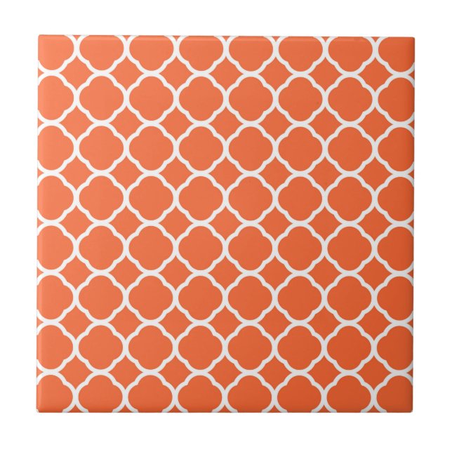 Azulejo De Cerâmica Padrão de Quatrefoil em tangerina laranja e branca (Frente)
