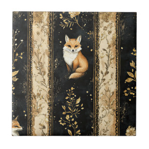 Azulejo De Cerâmica Padrão de Raposa Botânica Preto e Dourado de Luxo 
