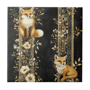 Azulejo De Cerâmica Padrão de Raposa Botânica Preto e Dourado de Luxo 