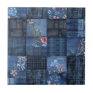 Azulejo De Cerâmica Padrão de Remendo Floral Índigo Denim Boho