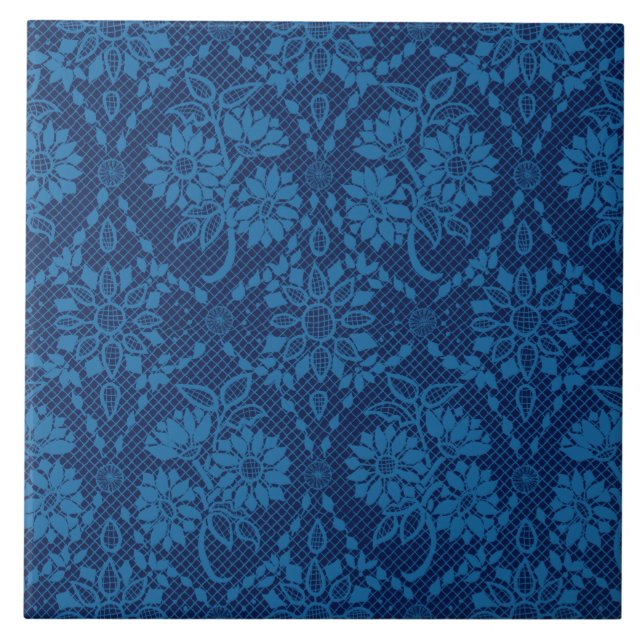Azulejo De Cerâmica Padrão de rendas do Indígo Azul Floral Faux (Frente)