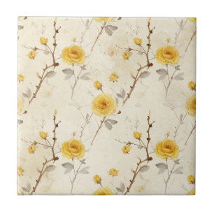 Azulejo De Cerâmica Padrão de Rosa Amarela Vintage com Folhagem Cinza