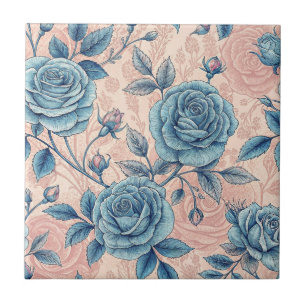 Azulejo De Cerâmica Padrão de Rosa Azul Retroativo no Fundo Cor-de-Ros