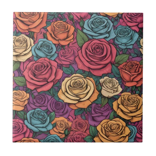 Azulejo De Cerâmica Padrão de rosa colorida (Frente)
