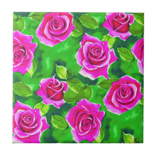 Azulejo De Cerâmica Padrão de Rosa de Aquarela Rosa Fuchsia