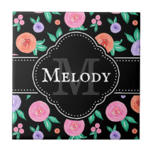 Padrão de Rosa de Aquarela Rosa / Roxo em Preto