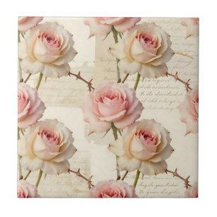 Azulejo De Cerâmica Padrão de Rosa Rosa Pálido Vintage em Letra