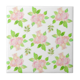 Azulejo De Cerâmica Padrão de Rosas e Botões de Rosa Rosa Antigos e Bo