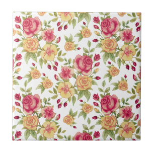Azulejo De Cerâmica Padrão de Rosas e Botões de Rosa Vermelhas e Amare