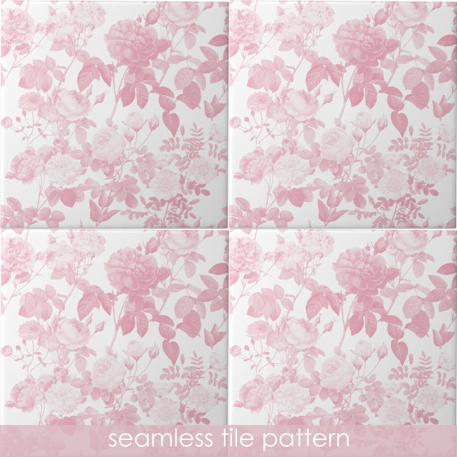 Azulejo De Cerâmica Padrão de Rosas Florais Brancos Rosa (Pink White Floral Roses Pattern Ceramic Tile)