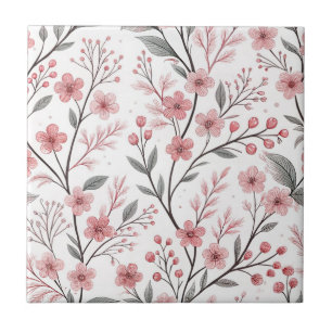 Azulejo De Cerâmica Padrão de Sakura Flor de Cerejeira Rosa em Branco
