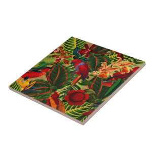 Azulejo De Cerâmica Padrão de Selva de Papagaios Tropicais Antigos