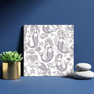 Azulejo De Cerâmica Padrão de Sereia Azul Vintage e Vida Marinha