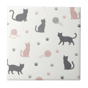 Azulejo De Cerâmica Padrão de Silhueta de Gato e Fio Caprichoso