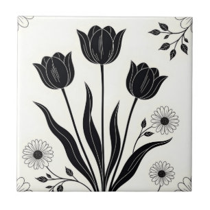 Azulejo De Cerâmica Padrão de Silhueta de Tulipa Preta