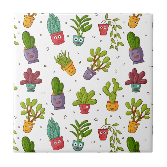 Azulejo De Cerâmica Padrão de Sucultivos Naturais de Cactus Cute (Frente)
