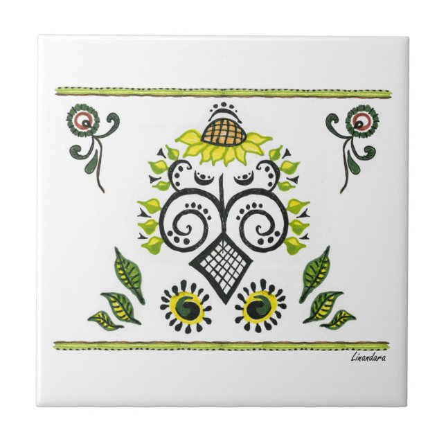 Azulejo De Cerâmica Padrão de Sunflower Folk por Alexandra Cook (Frente)