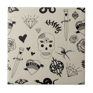 Azulejo De Cerâmica Padrão de Tatuagem Desenhada à Mão Preta e bege