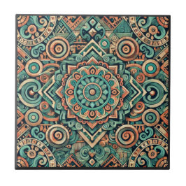 Azulejo De Cerâmica Padrão de Teal e Terracota Inspirado nos Astecas