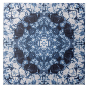 Azulejo De Cerâmica Padrão de Tie-Dye Shibori Kaleidoscópio Índigo