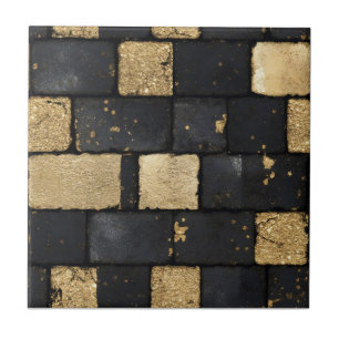 Azulejo De Cerâmica Padrão de tijolo preto e Dourado
