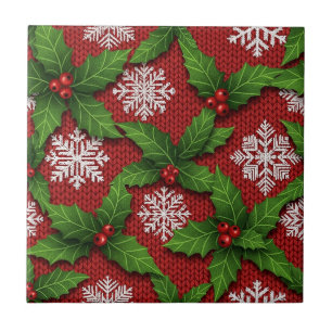 Azulejo De Cerâmica Padrão de Tricô Festivo de Azevinho e Floco de Nev