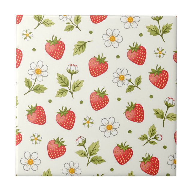 Azulejo De Cerâmica Padrão de Verão Flor de Morango (Frente)