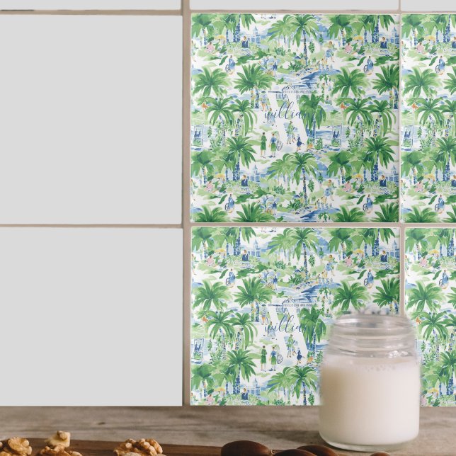 Azulejo De Cerâmica Padrão de Verão Retro Charleston | Monograma (Criador carregado)