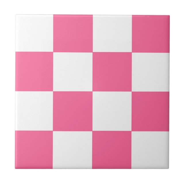 Azulejo De Cerâmica Padrão de Verificação Branco Cor-de-Rosa (Frente)