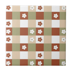 Azulejo De Cerâmica Padrão de Verificação de Gingham da Flor de Outono