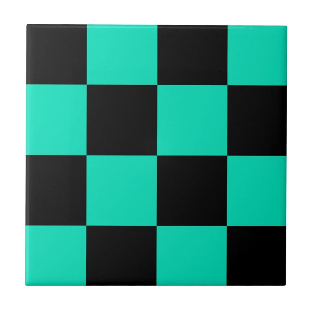 Azulejo De Cerâmica Padrão de Verificação Preto Verde (Frente)