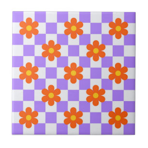 Azulejo De Cerâmica Padrão De Verificação Roxo Com Flor Laranja