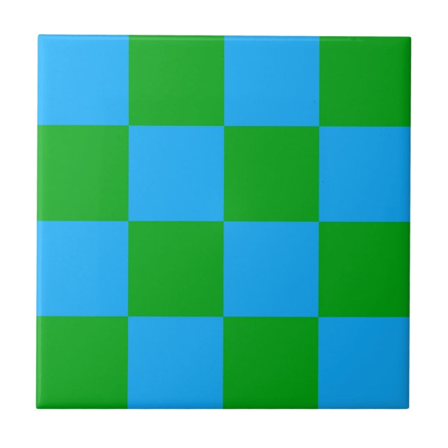 Azulejo De Cerâmica Padrão de Verificação Verde Azul (Frente)
